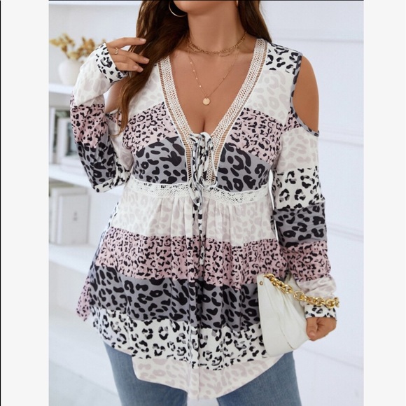 Tops - Plus Size Leopard Patchwork Print Colorblock Cold Shoulder Tie Front Top Blouse